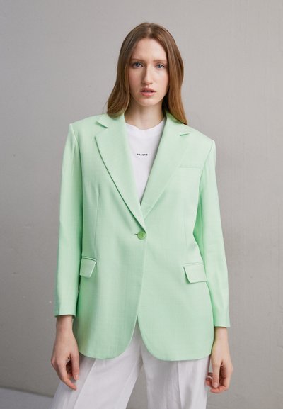 Light green blazer made of a smooth fabric, featuring a notched lapel, single button closure, and two front pockets. Worn over a white shirt.