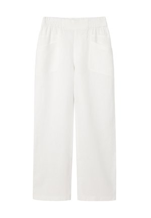 Witte broek met wijde pijpen, elastische tailleband en voorzakken, gemaakt van lichtgewicht stof.