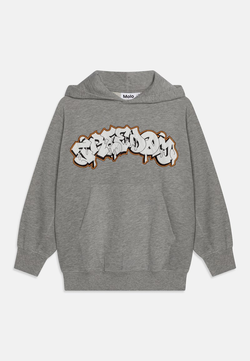Hoodie gris en tissu doux, avec une poche avant et une capuche, orné d'un graphique en style graffiti "FREEDOM" en blanc et orange.
