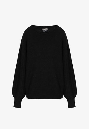 Schwarzer Strickpullover mit rundem Halsausschnitt, überschnittenen Schultern und puffigen langen Ärmeln. Weiche Textur und lockerer Schnitt.