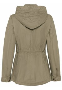Veste à capuche beige clair avec des manches longues, taille froncée et poignets boutonnés, vue de dos sur fond blanc.