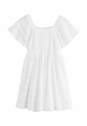 White cotton dress featuring short, flutter sleeves, a square neck, and a textured, tiered design with horizontal stripes.