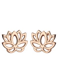 Øreringe i roseguld formet som lotus med udskæringsdesign. Glat metaloverflade, symmetrisk kronblade og detaljer med åbent arbejde.