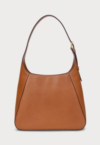 Barna bőr kézitáska ívelt tetejével, kerek testével és egyetlen vállpántjával. Minimális varrással és sima textúrával rendelkezik.