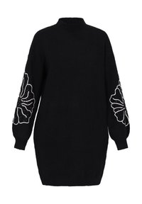 Schwarzes Strickkleid mit hohem Halsausschnitt und langen, puffigen Ärmeln. Verfügt über Blumenstickereien mit weißen Fäden und Perlenakzenten.