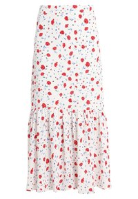 Jupe midi florale en tissu blanc, ornée de roses rouges et de fleurs bleues, avec un ourlet festonné et une taille ajustée. Texture lisse.