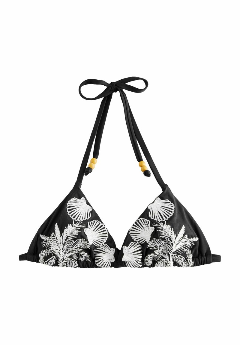 Top bikini nero con coppe triangolari, decorato con ricami di conchiglie e foglie bianche, con lacci regolabili e perline gialle sulle bretelle.