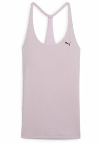 Canotta sportiva di colore lilla chiaro con design a schiena scoperta, realizzata in tessuto liscio. Presenta dettagli in rete e un piccolo logo nero.