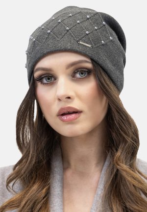 Gray knit beanie with a diamond pattern, accented by small round beads. Soft texture and slouchy design for comfortable wear.