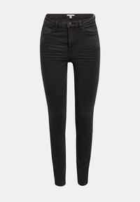 Jean noir skinny taille haute avec boutons avant et fermeture éclair, poches avant et arrière, présenté sur un fond clair uni.