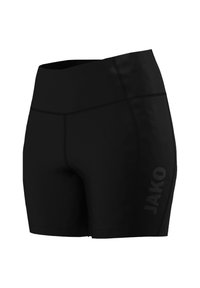 Schwarze Sportshorts mit hohem Bund, glattem Stoff und einem seitlichen Logo in kontrastierendem Design. Kurze Länge mit figurbetontem Schnitt.