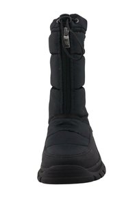 Botte isolée noire avec tige rembourrée, fermeture éclair à l'avant, semelle en caoutchouc et accents texturés. Conçue pour des conditions météorologiques froides.