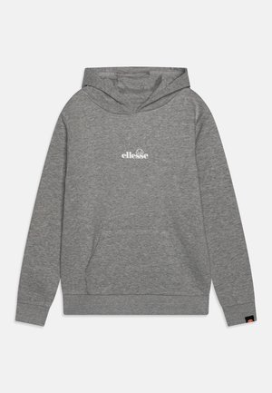 Sweat à capuche gris avec poche avant et logo blanc "ellesse" centré sur la poitrine, poignets et ourlet côtelés, et petite étiquette logo sur la manche.