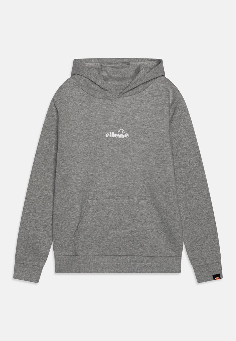 Sweat à capuche gris avec poche avant et logo blanc "ellesse" centré sur la poitrine, poignets et ourlet côtelés, et petite étiquette logo sur la manche.