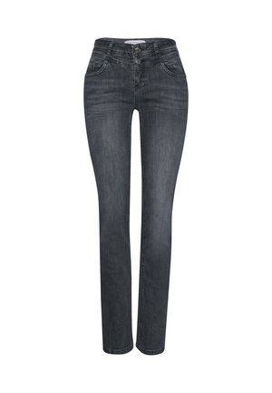 Jean slim en denim gris foncé avec poches avant et double fermeture à boutons sur fond blanc.