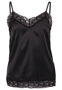 Camisole en soie noire avec des détails en dentelle au niveau de l'encolure et de l'ourlet. Comprend des bretelles fines réglables et une texture lisse et brillante.
