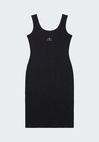 Robe midi noire sans manches à côtes avec encolure dégagée et petit logo blanc "PXP" centré sur la poitrine.
