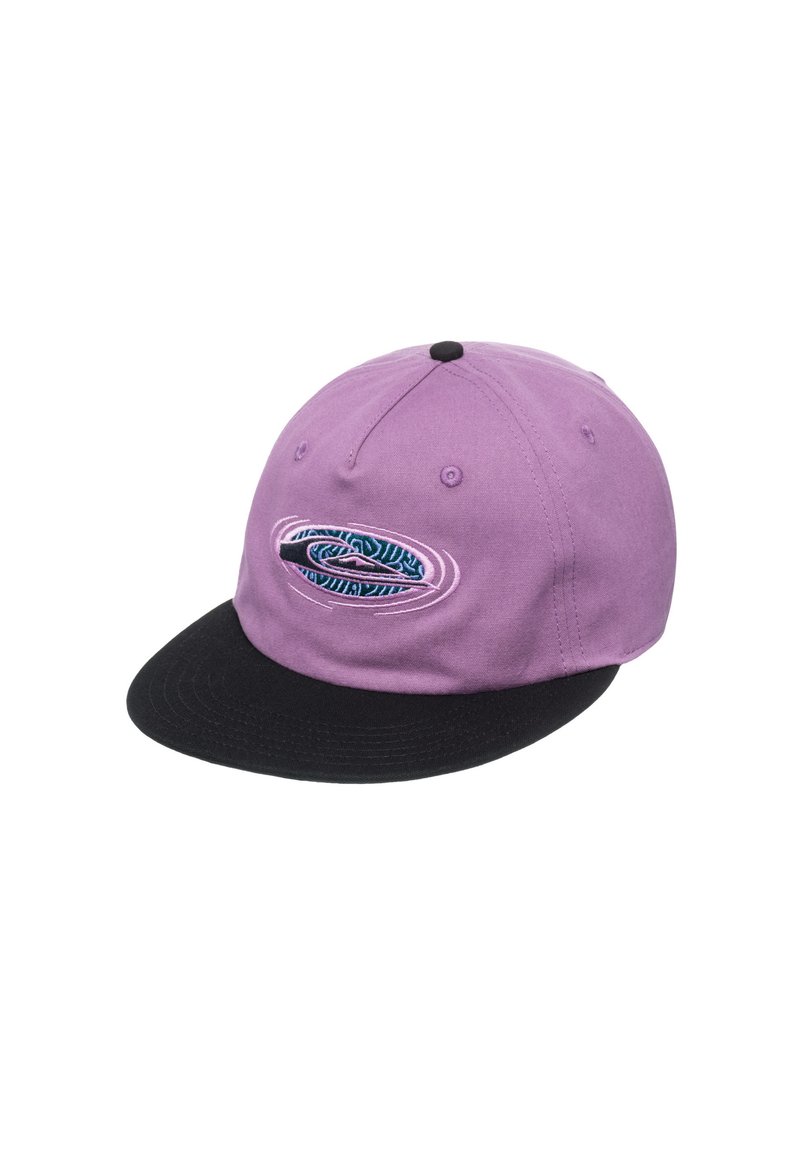 Purple cotton cap with a black brim, featuring a colorful embroidered logo on the front. Traditional six-panel design with eyelets.