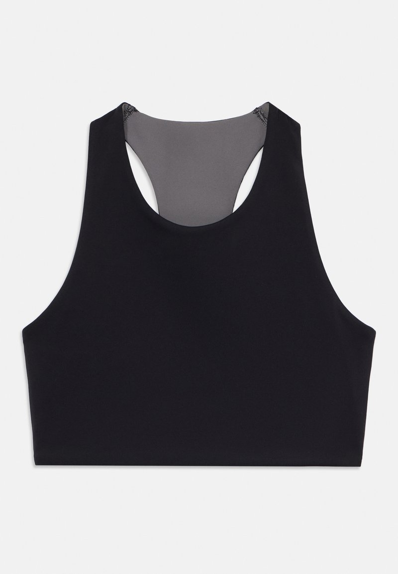 Svart sport-bh med hög krage och racerback-design. Tillverkad av ett mjukt, stretchigt material med en enhetlig färg och minimala sömmar.