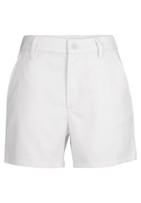 Corti di cotone bianchi con un design sartoriale, caratterizzati da una chiusura con bottone, passanti per cintura e orlo dritto. Nessuna tasca visibile.