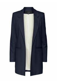 Marineblauw colbert met kraag, lange mouwen en twee voorzakken. Voering van lichtgekleurde stof met verticale plooien.