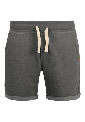 Gray cotton shorts with a drawstring waistband, rolled cuffs, and a small logo accent on the side. Soft texture and casual design.