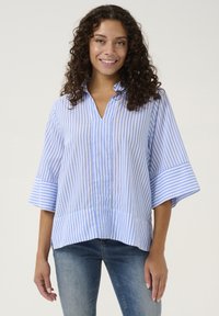 Dryžuota mėlyna ir balta bliuska su V formos iškirpte, trumpomis rankovėmis ir šiek tiek laisvu siluetu. Medžiaga atrodo lengva ir pralaidi orui.