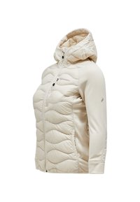 Giubbotto imbottito beige con cappuccio. Presenta pannelli trapuntati sul davanti, maniche lisce e chiusura frontale con zip. Materiale leggero.