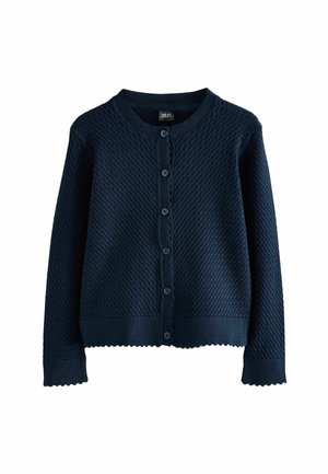 Marineblauer Strickcardigan mit strukturiertem Muster, runder Ausschnitt, gewelltem Saum und vorderem Knopfverschluss. Lange Ärmel.