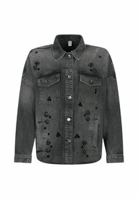 Dunkelgraue Jeansjacke mit abgerundetem Kragen, zwei Brusttaschen und verziert mit schwarzen Perlen und Pailletten auf der Vorderseite und den Schultern.
