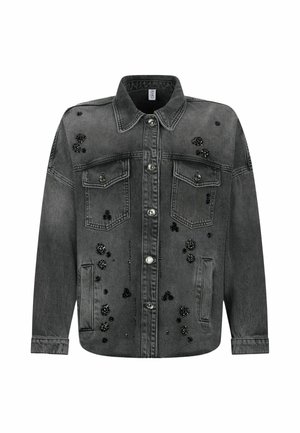 Giacca in denim grigia scura con colletto arrotondato, due tasche sul petto e decorata con perline e paillettes nere sul davanti e sulle spalle.