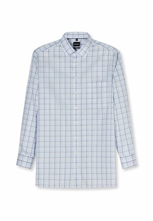 Camicia a maniche lunghe con bottoni, motivo a quadri blu e bianco, colletto appuntito e taschino sul petto, mostrata distesa su sfondo bianco.