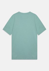 Mint green short-sleeve t-shirt, cotton material, relaxed fit, crew neckline, smooth texture, plain without patterns or graphics.