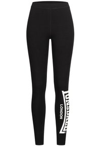 Svarta leggings i stretchmaterial, med logotryck i vitt på vänster ben, hög midja och en slät yta.