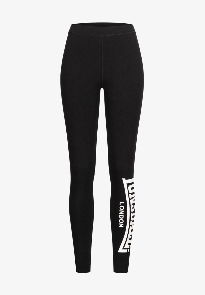 Zwarte leggings van rekbaar materiaal, met een witte logoprint op het linkerpijp, een hoge tailleband en een soepele textuur.