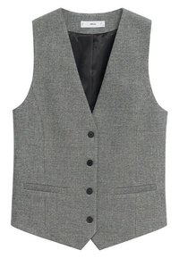 Gilet cintré gris sans manches avec encolure en V, quatre boutons noirs et deux poches passepoilées à l'avant, doublé en tissu noir.