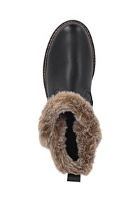 Schwarze Lederstiefel mit runder Zehenform, ausgestattet mit einem hellbraunen Kunstfellkragen und einer strukturierten Oberfläche. Dezente Steppnähte entlang der Kante.