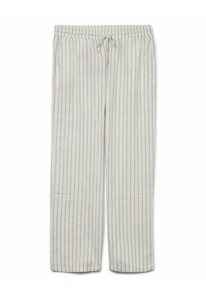 Pantalones de lino ligeros con rayas verticales en beige claro y crema, cinturilla elástica y cordón ajustable para un ajuste cómodo.