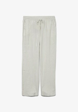 Lett jakke i lin med vertikale lyse beige og kremfargede striper, elastisk liv, og justerbar snor for en behagelig passform.