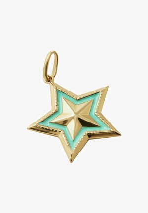 Colgante en forma de estrella en tono dorado con un diseño tridimensional, que presenta un centro de esmalte turquesa claro y detalles texturizados en el borde.