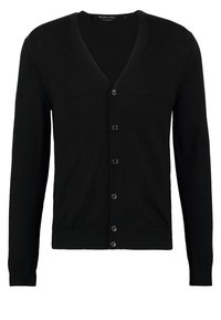 Černý kardigan s dlouhým rukávem z pleteného materiálu. Má výstřih do V, zapínání na knoflíky a žebrovaný lem. Klasický a všestranný design.