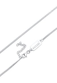 Silberne Halskette mit feinem Geflecht, versehen mit einem rechteckigen Anhänger, der mit "Kuzzoí" graviert ist, und einem Karabinerverschluss.