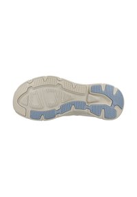 Suela de zapato con base de goma en color crema, con patrones texturizados y acentos azules, diseñada para agarre y durabilidad.