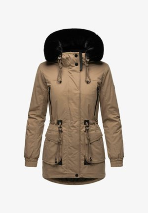 Béžová parka s čiernou umelou kožušinou na kapucni, predným zipsom a zapínaním na cvoky, nastaviteľnými šnúrkami a dvoma bočnými zipsovými vreckami.