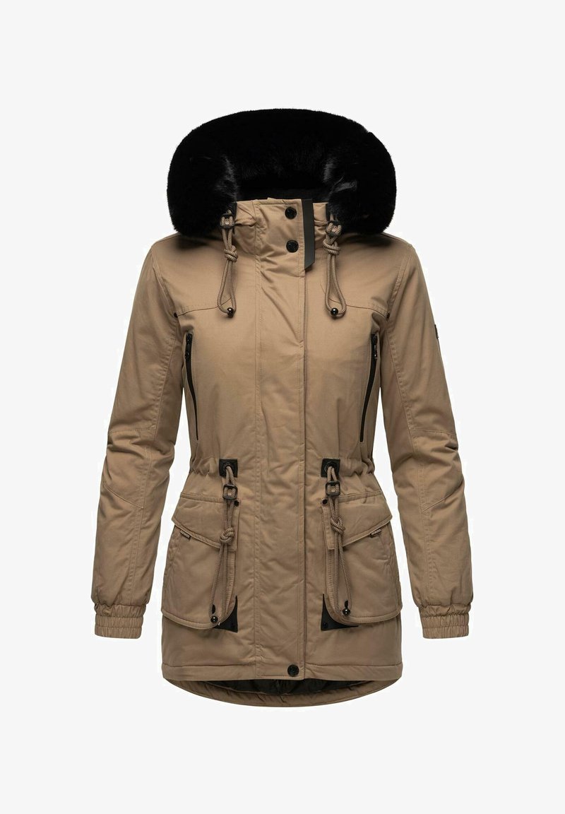 Beige parka jacket featuring a black faux fur hood, front zip and snap closure, adjustable drawstrings, and two side zip pockets.