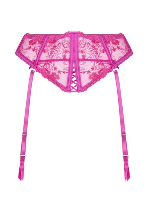 Rosa Spitzenstrumpfband mit floraler Stickerei, Satinriemen und einem gekreuzten Design auf der Rückseite. Verstellbare Träger für die Passform.