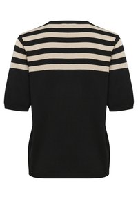 Haut en maille noire à manches courtes avec des rayures horizontales beige sur le haut du dos et les manches, moitié inférieure noire unie, col rond.