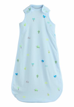 Light blue sleeveless baby sleeping bag with snap buttons on shoulders, decorated with small whales, turtles, palm trees, cacti, and sun icons.