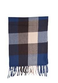 Sciarpa tessuta con un motivo a quadri nei toni del blu scuro, blu chiaro, marrone e crema, con bordi frangiati per un tocco di texture in più.