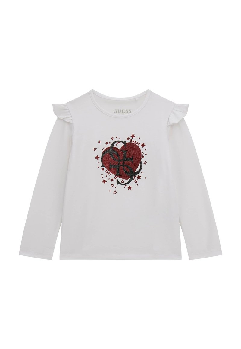 Camicia bianca a maniche lunghe con dettagli arricciati sulle spalle, caratterizzata da una grafica di un cuore rosso lucido con stelle e testo in un design misto.